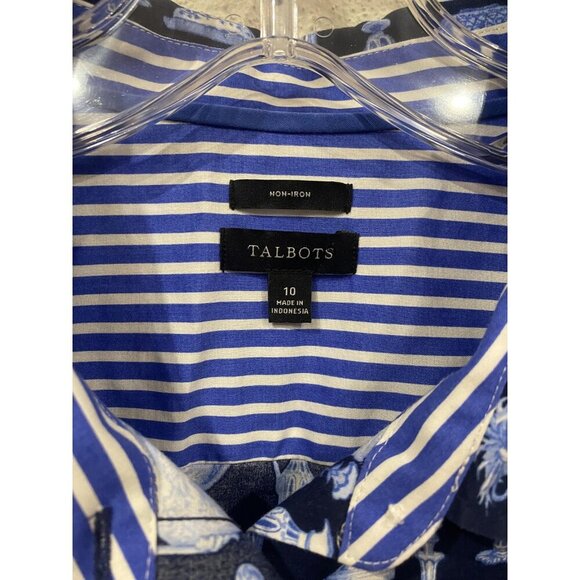 Talbots Shirt Womens 10 Navy Blue Non-Iron Porcelain Vase Print Button Front - Picture 3 of 5
